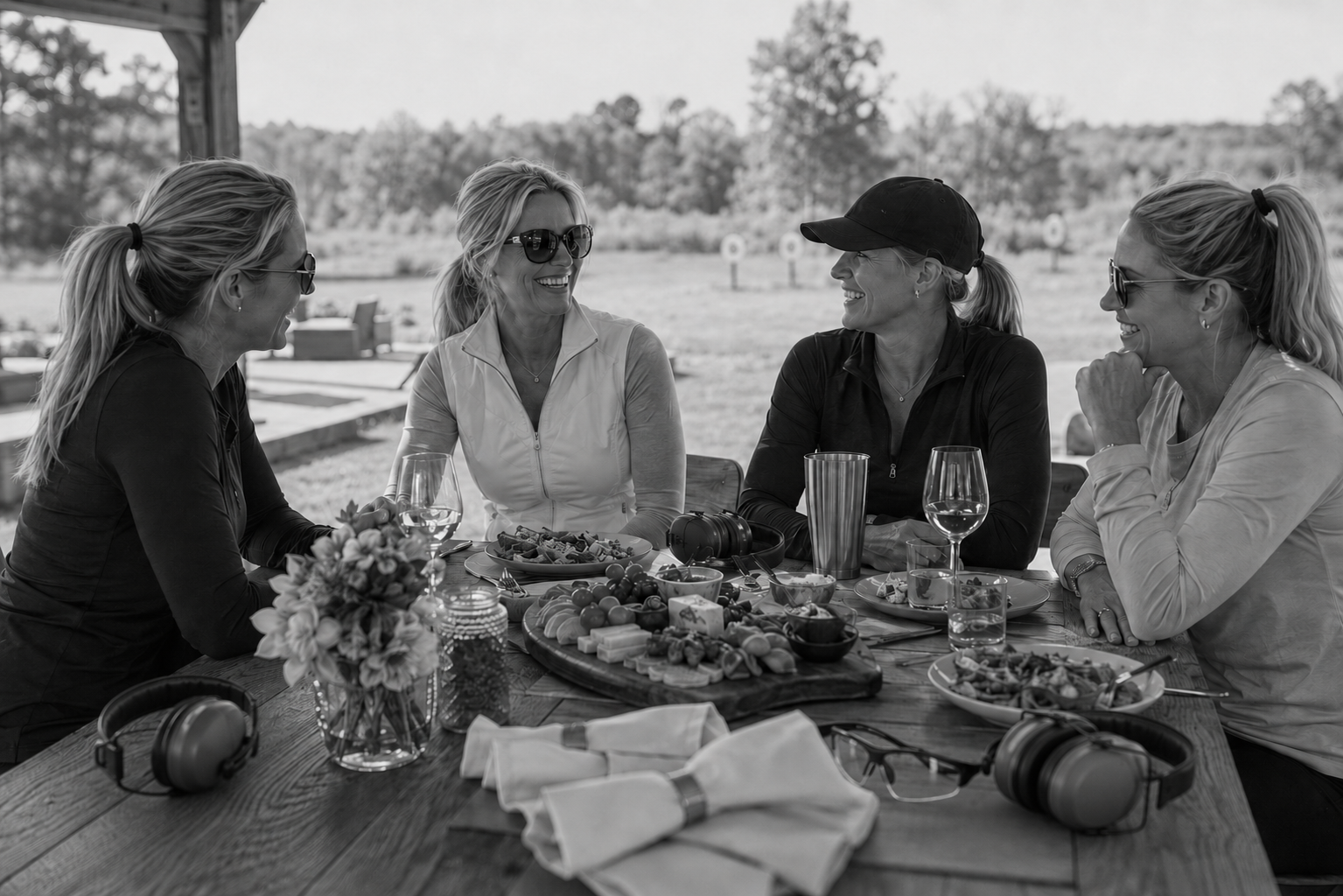 Women learning firearm safety together in a private women-only class in Central Ohio, sharing a catered meal between sessions